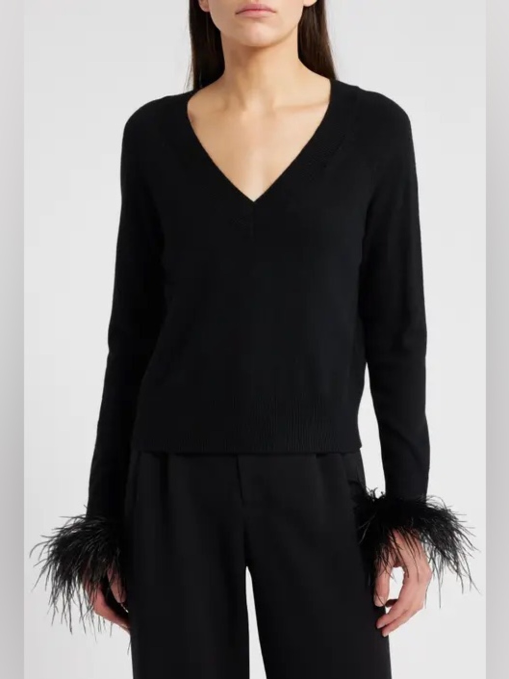 Trina Turk Black V-Neck Sweater with Feather Cuff Detail